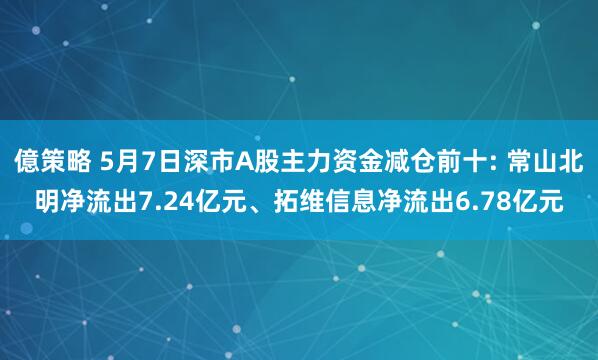 億策略 5月7日深市A股主力资金减仓前十: 常山北明净流出7.24亿元、拓维信息净流出6.78亿元